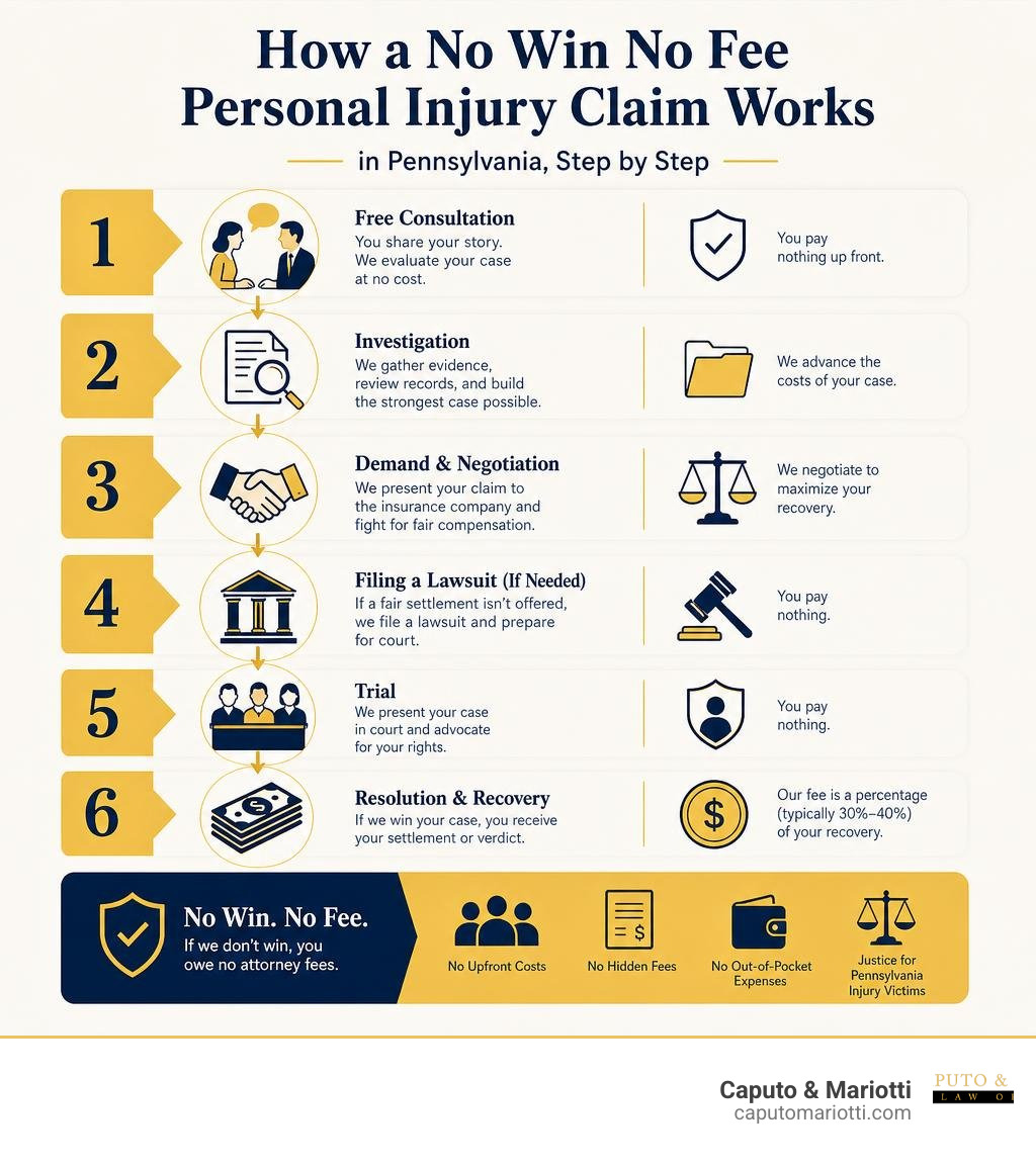 Infographic: How a no win no fee personal injury claim works in Pennsylvania step by step infographic Infographic: How a no win no fee personal injury claim works in Pennsylvania step by step infographic