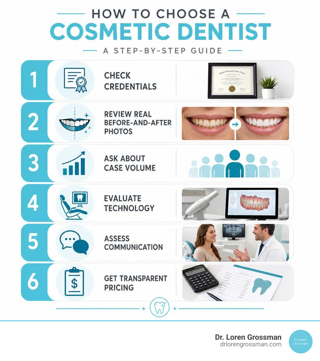 Step-by-step infographic for how to choose a cosmetic dentist: credentials, photos, case volume, technology, communication