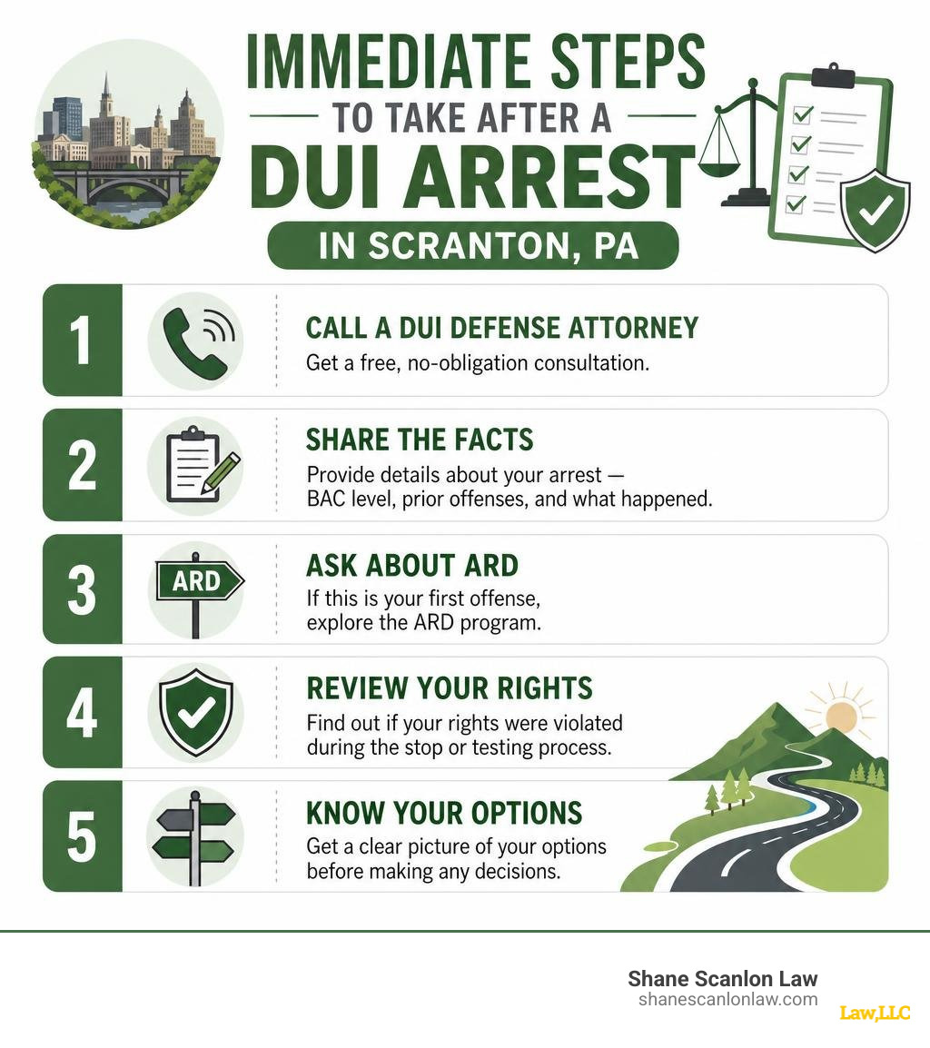 Immediate steps to take after a DUI arrest in Scranton PA — infographic showing 5 key actions infographic Immediate steps to take after a DUI arrest in Scranton PA — infographic showing 5 key actions infographic