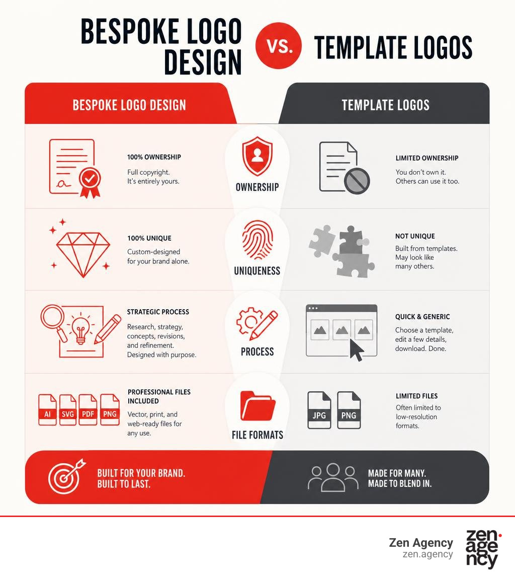 Infographic comparing bespoke logo design vs template logos: ownership, uniqueness, process, and file formats infographic Infographic comparing bespoke logo design vs template logos: ownership, uniqueness, process, and file formats infographic