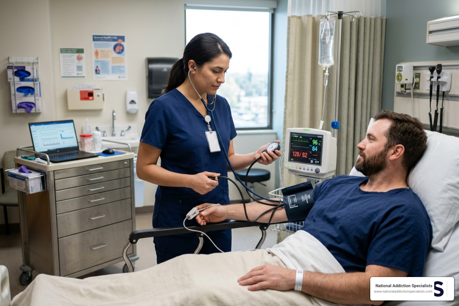 Medical professional monitoring patient vital signs during withdrawal recovery process Medical professional monitoring patient vital signs during withdrawal recovery process