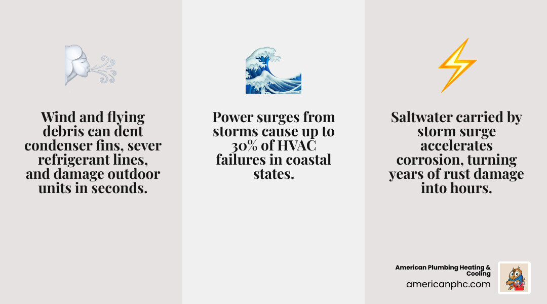 Infographic showing how hurricane season affects AC and plumbing with wind debris saltwater flooding surges and sewer backup