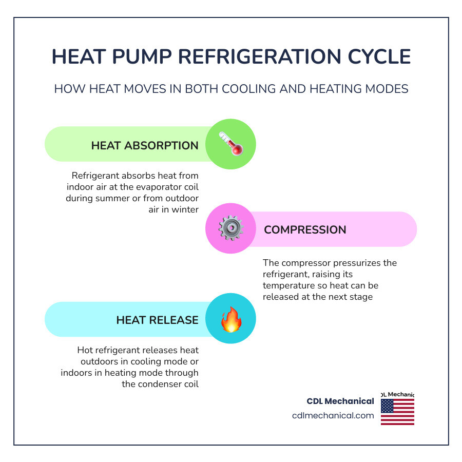 Infographic showing heat pump refrigeration cycle in both heating and cooling modes with labeled components infographic Infographic showing heat pump refrigeration cycle in both heating and cooling modes with labeled components infographic