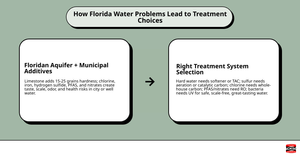 Infographic showing Florida water problems matched to treatment systems: hard water to softener, sulfur to aeration, PFAS to Infographic showing Florida water problems matched to treatment systems: hard water to softener, sulfur to aeration, PFAS to