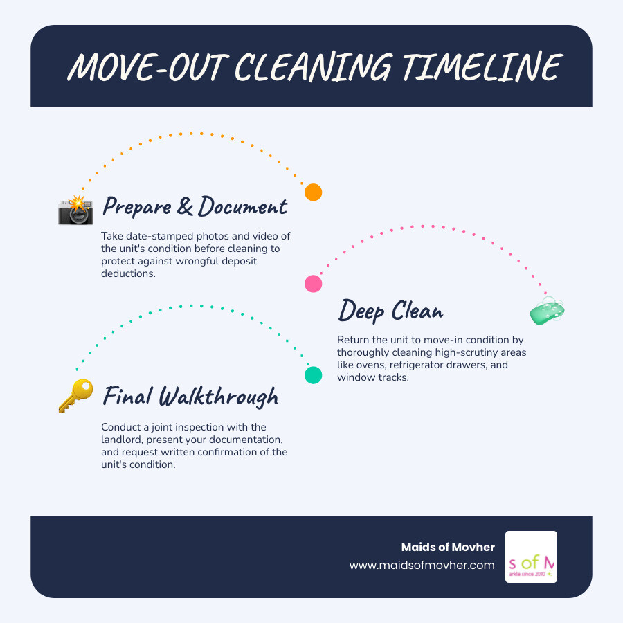 Move-out cleaning timeline infographic showing steps from lease end to deposit return infographic Move-out cleaning timeline infographic showing steps from lease end to deposit return infographic