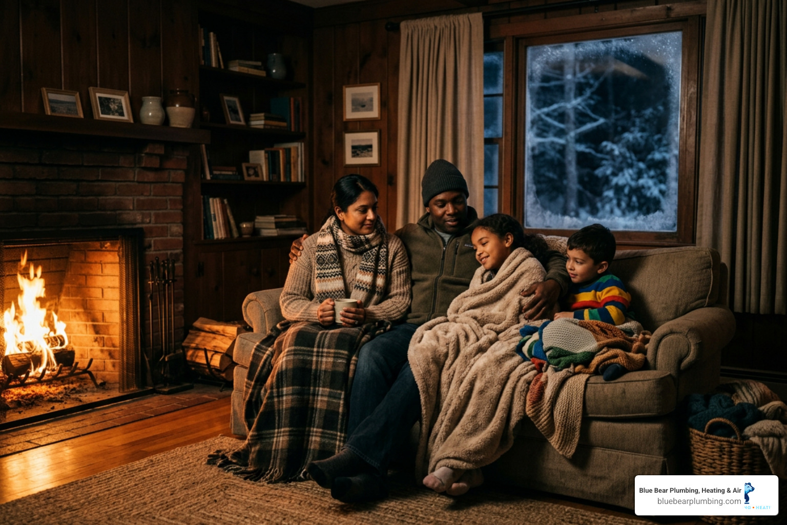A family staying warm together by a fireplace in their South Shore home during a winter heating outage A family staying warm together by a fireplace in their South Shore home during a winter heating outage