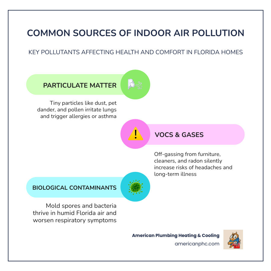 Infographic showing sources of indoor air pollution and their health effects on comfort and wellness infographic