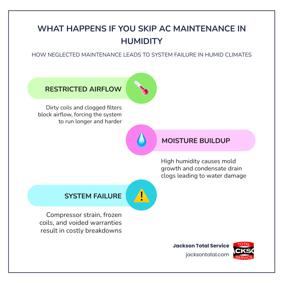 Infographic showing how skipping AC maintenance in humidity leads to mold, frozen coils, high bills, and system failure