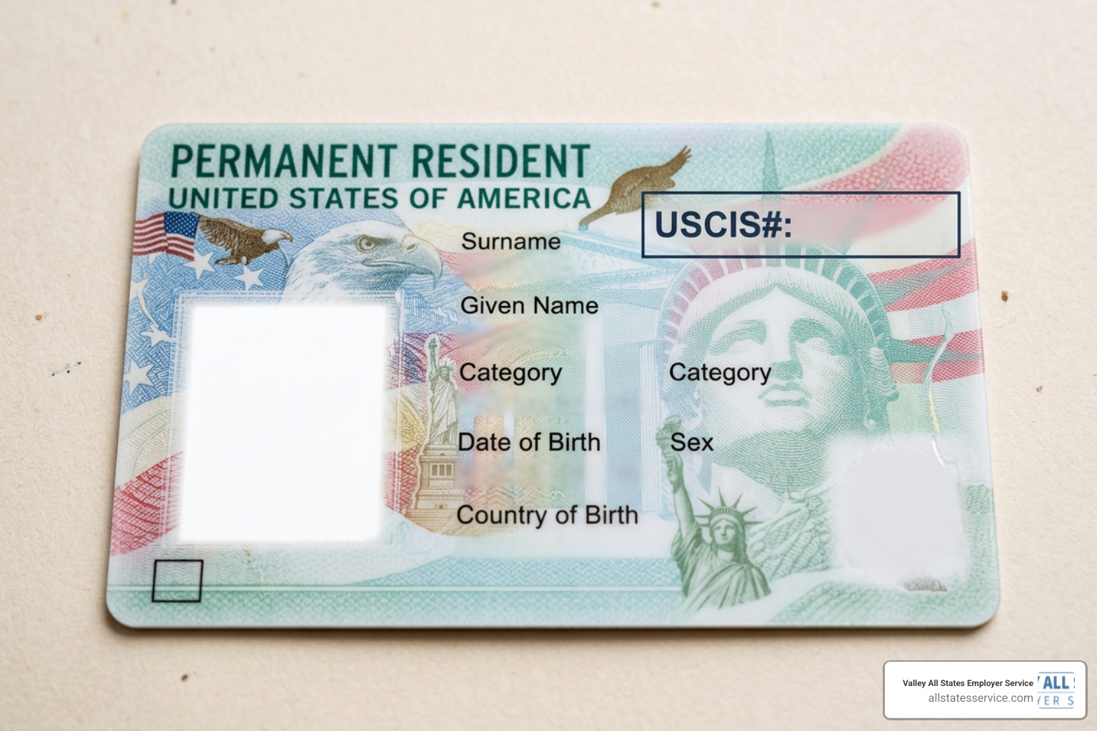 Close-up of the front of a Permanent Resident Card pointing to the USCIS Number location Close-up of the front of a Permanent Resident Card pointing to the USCIS Number location