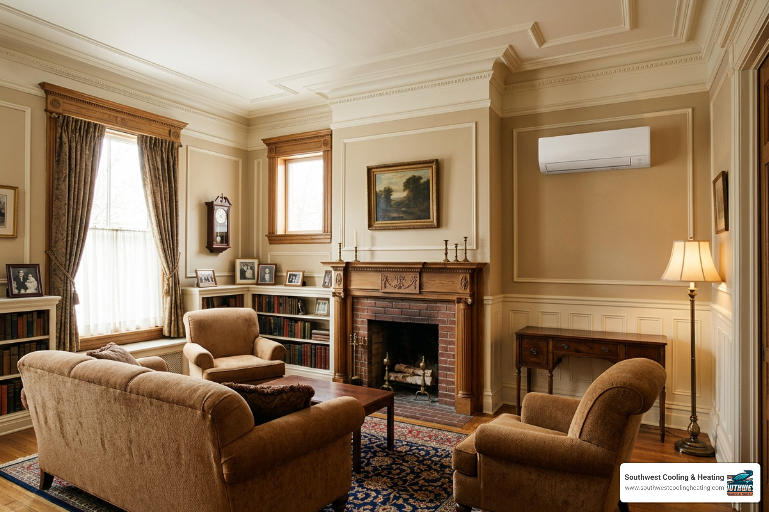 historic home interior showing a discreet ductless wall unit historic home interior showing a discreet ductless wall unit