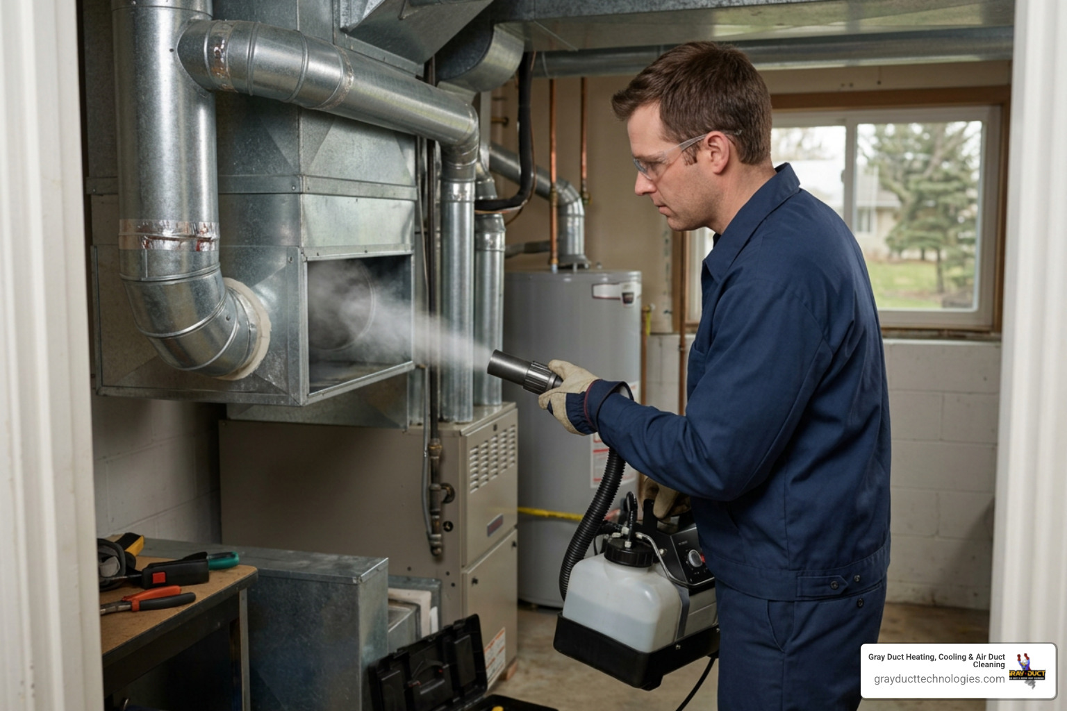 professional HVAC fogging equipment being used in a Twin Cities home ventilation system professional HVAC fogging equipment being used in a Twin Cities home ventilation system