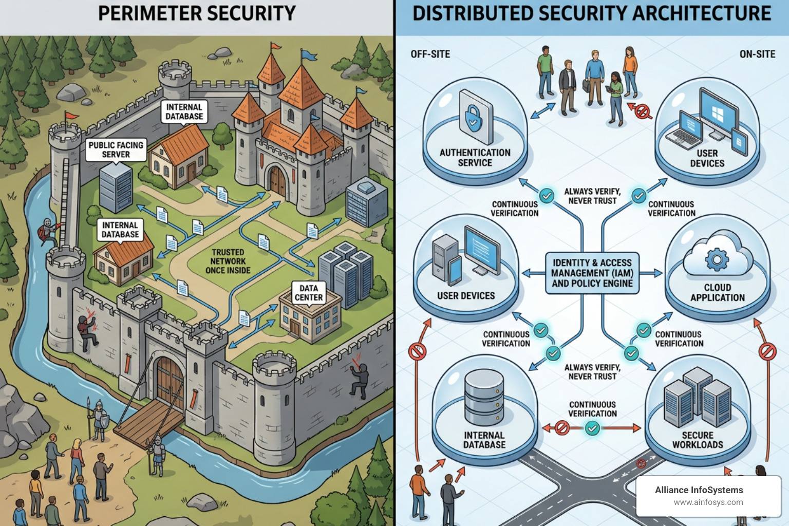 Traditional perimeter security vs zero trust architecture diagram Traditional perimeter security vs zero trust architecture diagram