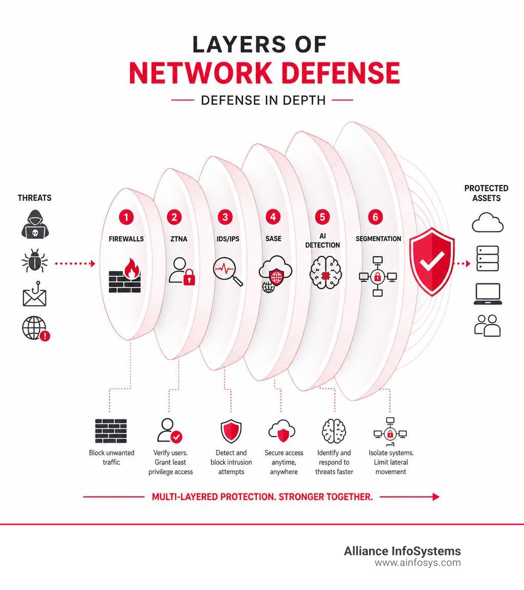 Infographic showing layers of network defense in depth: firewalls, ZTNA, IDS/IPS, SASE, AI detection, segmentation Infographic showing layers of network defense in depth: firewalls, ZTNA, IDS/IPS, SASE, AI detection, segmentation