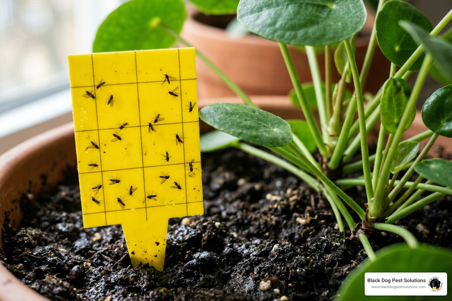 Yellow sticky traps placed in houseplant soil capturing adult fungus gnats Yellow sticky traps placed in houseplant soil capturing adult fungus gnats