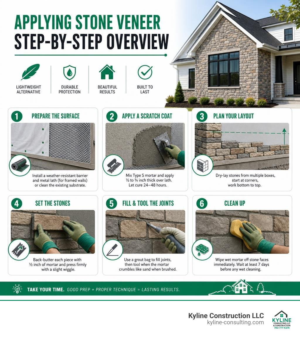 Step-by-step overview infographic for applying stone veneer on a residential home infographic