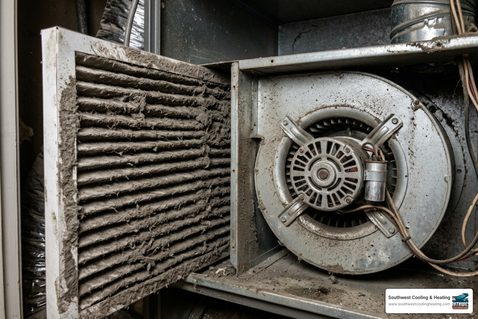 dirty air filters and dusty blower motors restricting airflow