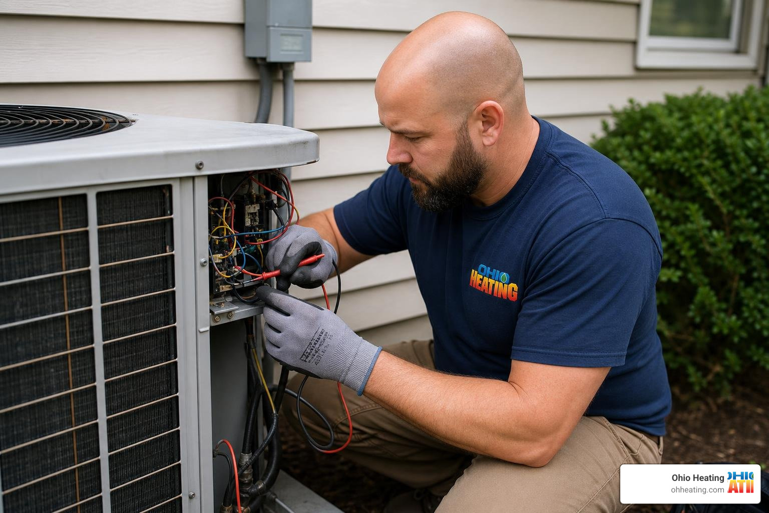 Realistic, high-quality photo of a professional Ohio Heating HVAC technician wearing work gloves and a shirt with the 'Ohio