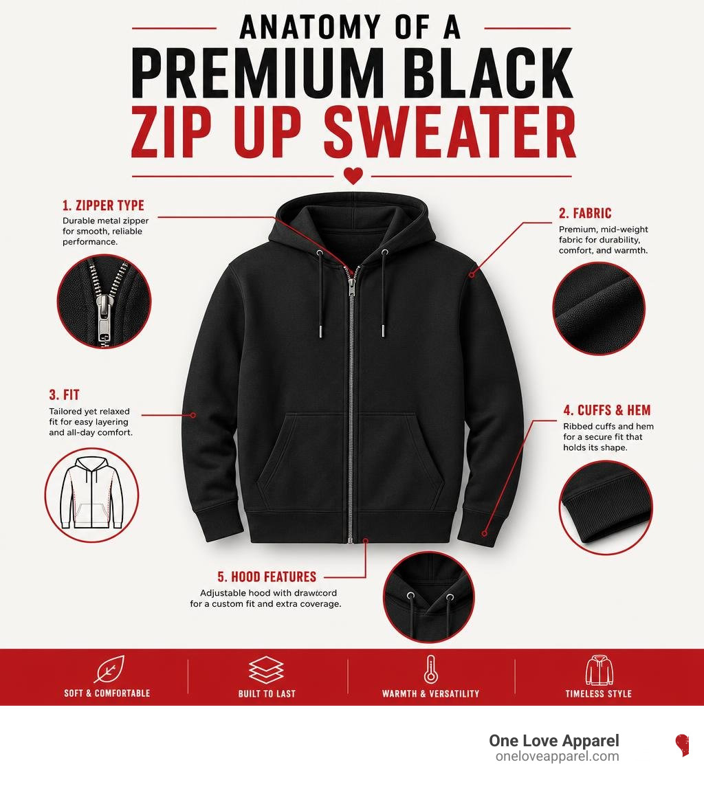 Anatomy of a premium black zip up sweater infographic showing zipper type, fabric, fit, cuffs, and hood features infographic Anatomy of a premium black zip up sweater infographic showing zipper type, fabric, fit, cuffs, and hood features infographic