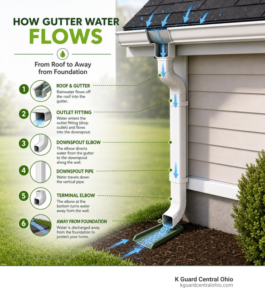 Diagram showing gutter water flow from roof through outlet fitting downspout elbow and away from foundation infographic Diagram showing gutter water flow from roof through outlet fitting downspout elbow and away from foundation infographic