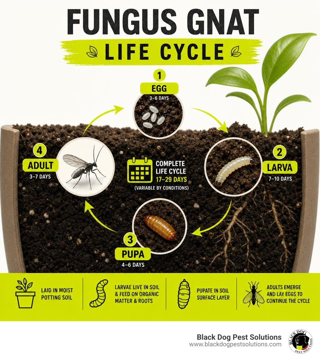 Fungus gnat life cycle infographic showing egg, larva, pupa, and adult stages with timeline infographic Fungus gnat life cycle infographic showing egg, larva, pupa, and adult stages with timeline infographic