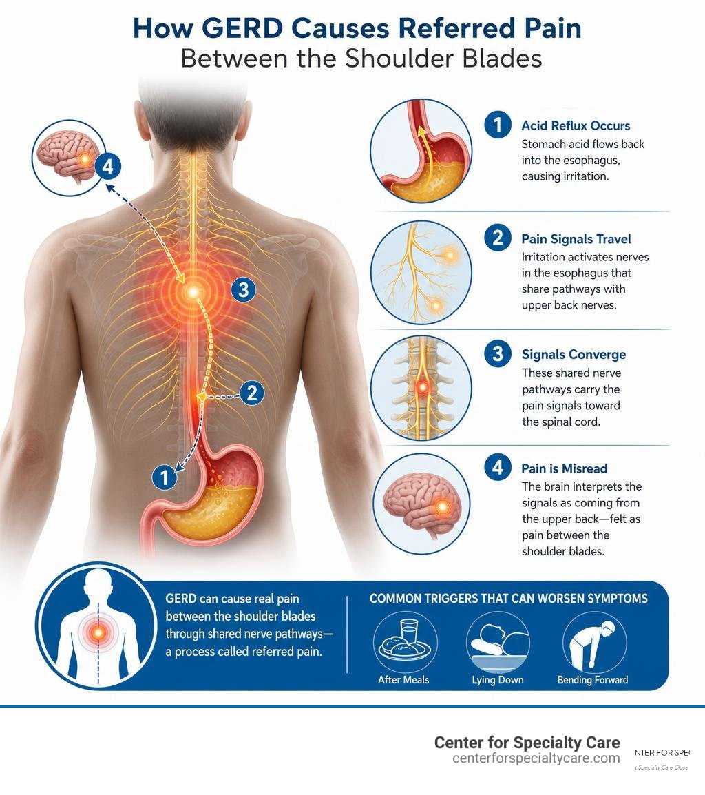 infographic showing how GERD causes referred pain between the shoulder blades via shared nerve pathways infographic