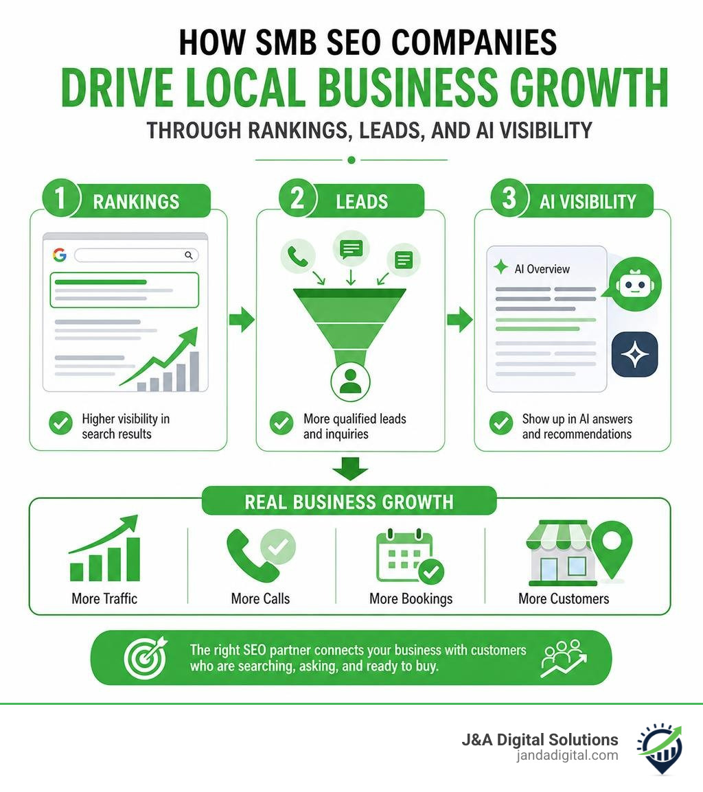 How SMB SEO companies drive local business growth through rankings, leads, and AI visibility infographic