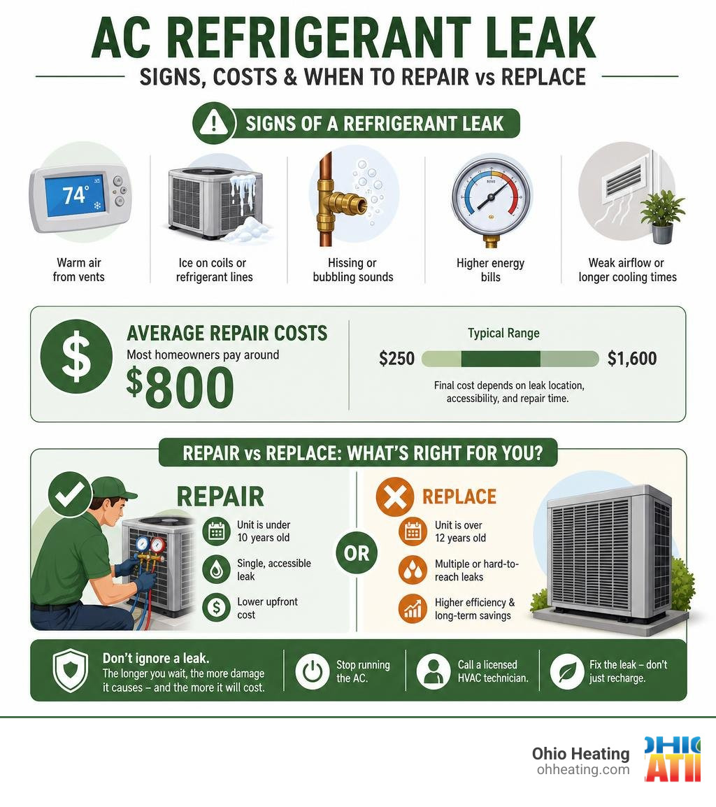 Infographic showing signs of AC refrigerant leak, average repair costs, and when to repair vs replace infographic