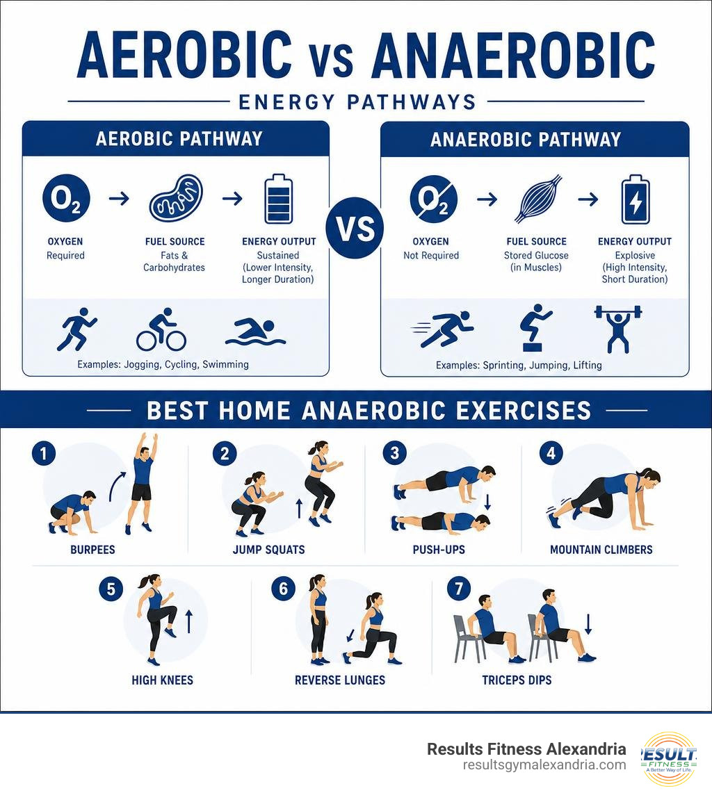 Infographic showing aerobic vs anaerobic energy pathways and best home anaerobic exercises infographic