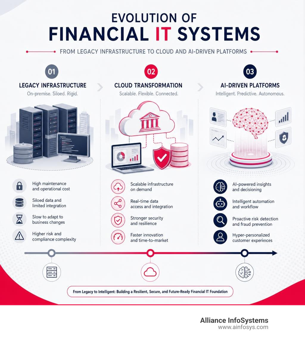 Evolution of financial IT systems from legacy infrastructure to cloud and AI-driven platforms infographic Evolution of financial IT systems from legacy infrastructure to cloud and AI-driven platforms infographic