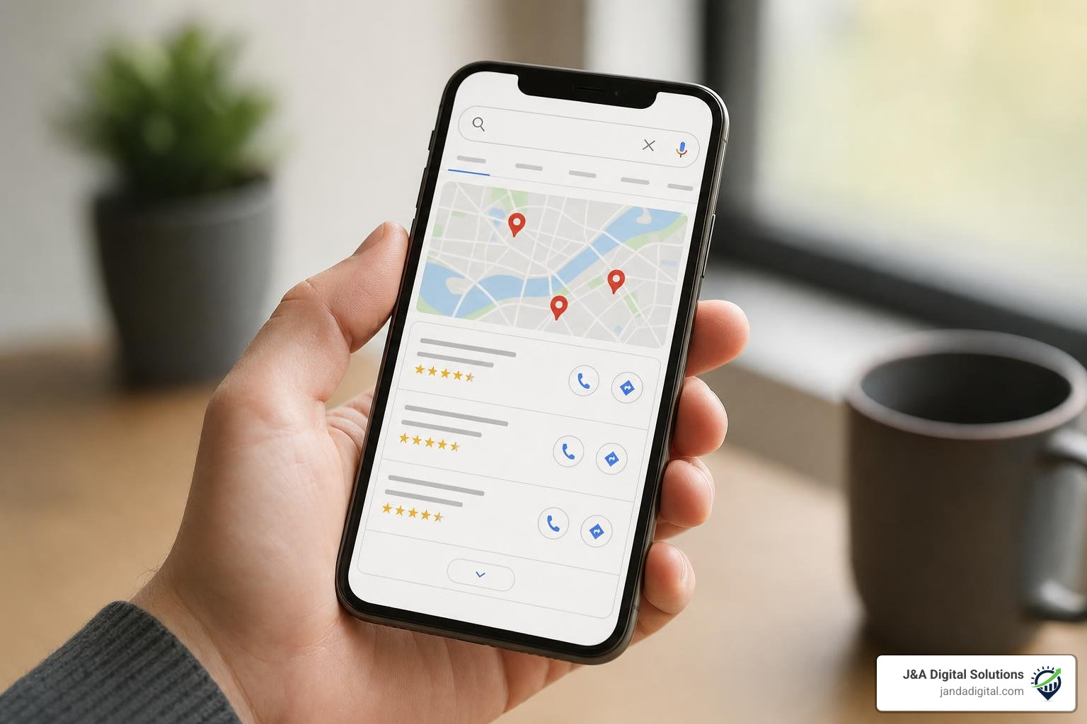 Local search results displaying map pack on a mobile phone screen