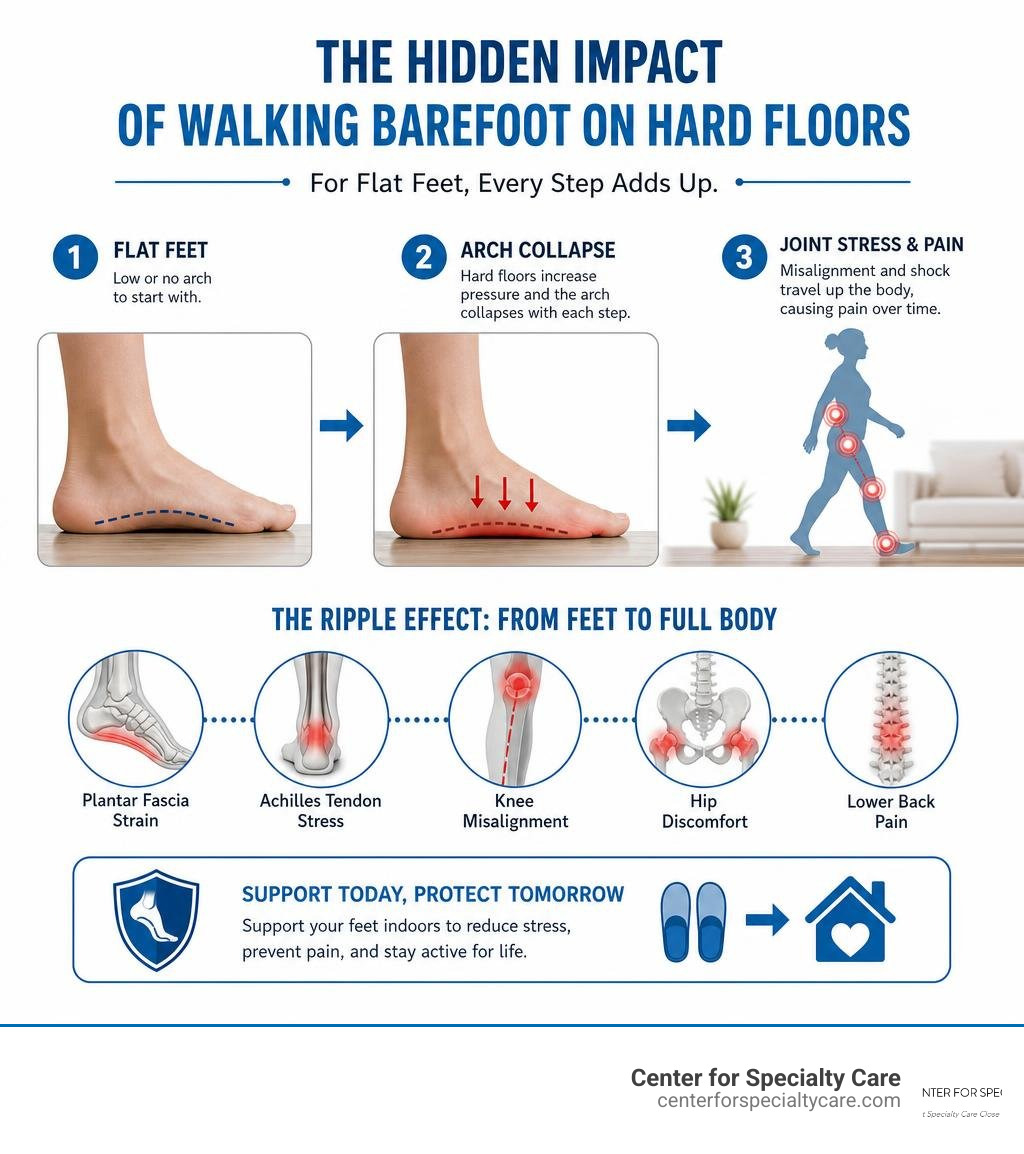 Infographic showing how walking barefoot on hard floors impacts flat feet, arch collapse, and joint pain infographic Infographic showing how walking barefoot on hard floors impacts flat feet, arch collapse, and joint pain infographic