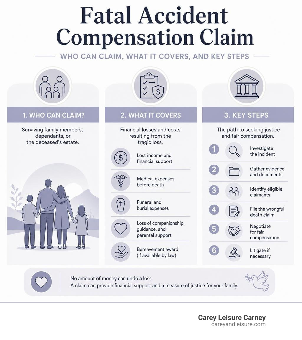 Infographic showing who can claim, what compensation covers, and key steps in a fatal accident claim infographic