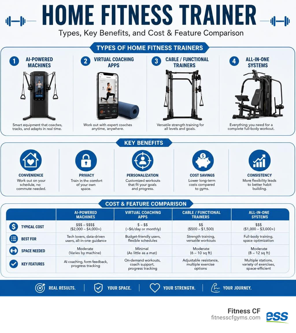 Infographic showing types of home fitness trainers, key benefits, and comparison of costs and features infographic Infographic showing types of home fitness trainers, key benefits, and comparison of costs and features infographic