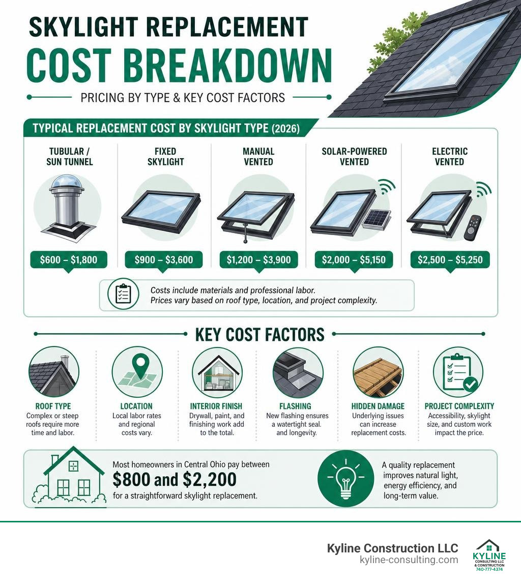 Skylight replacement cost breakdown infographic with pricing by type and key cost factors infographic