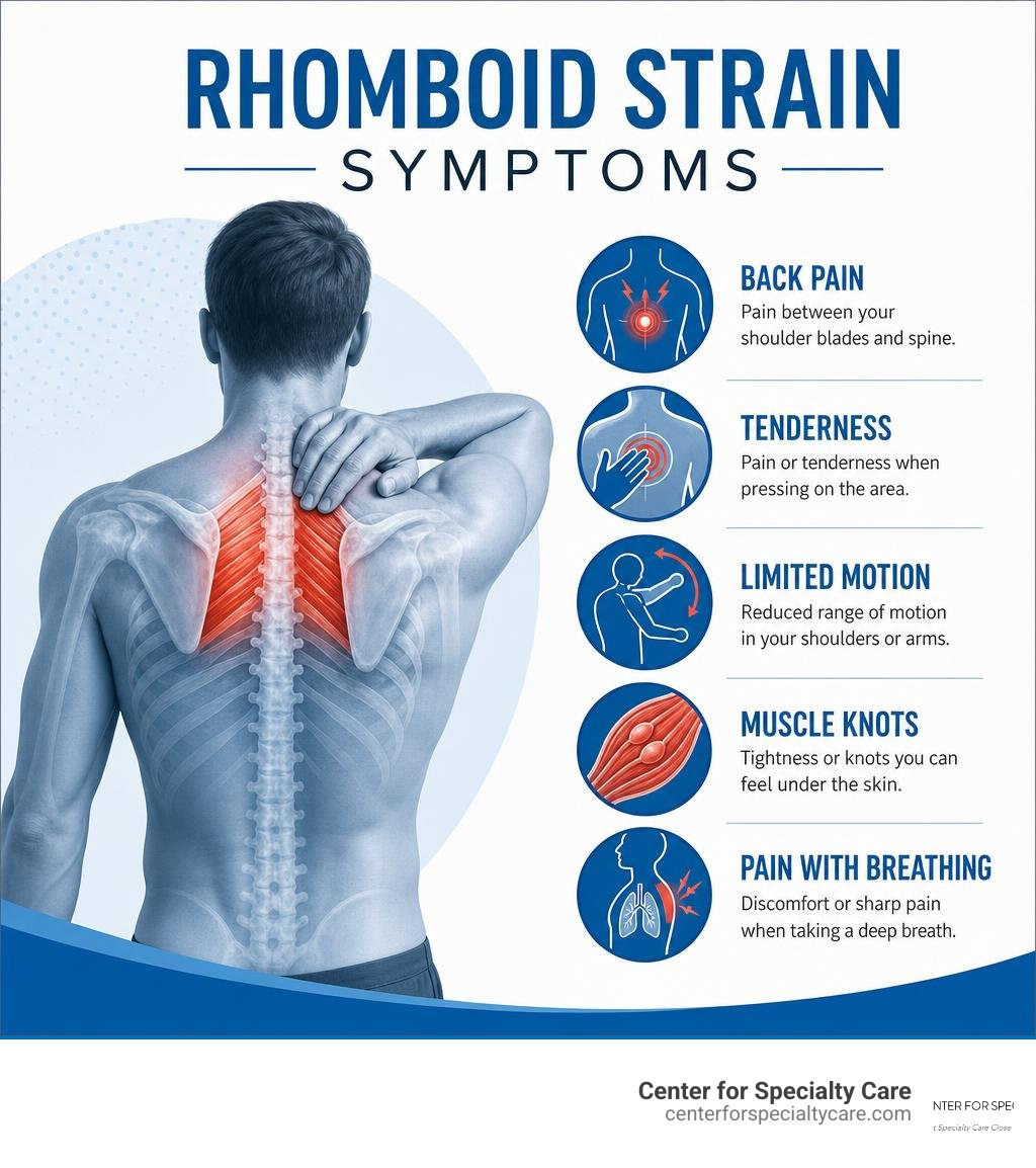 Infographic showing rhomboid strain symptoms: back pain, tenderness, limited motion, knots, breathing pain infographic