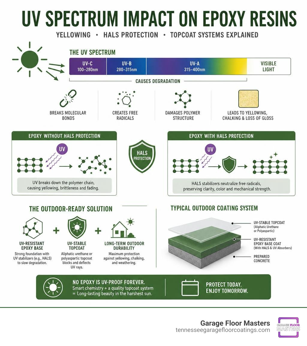 UV spectrum impact on epoxy resins — yellowing, HALS protection, and topcoat systems explained infographic UV spectrum impact on epoxy resins — yellowing, HALS protection, and topcoat systems explained infographic