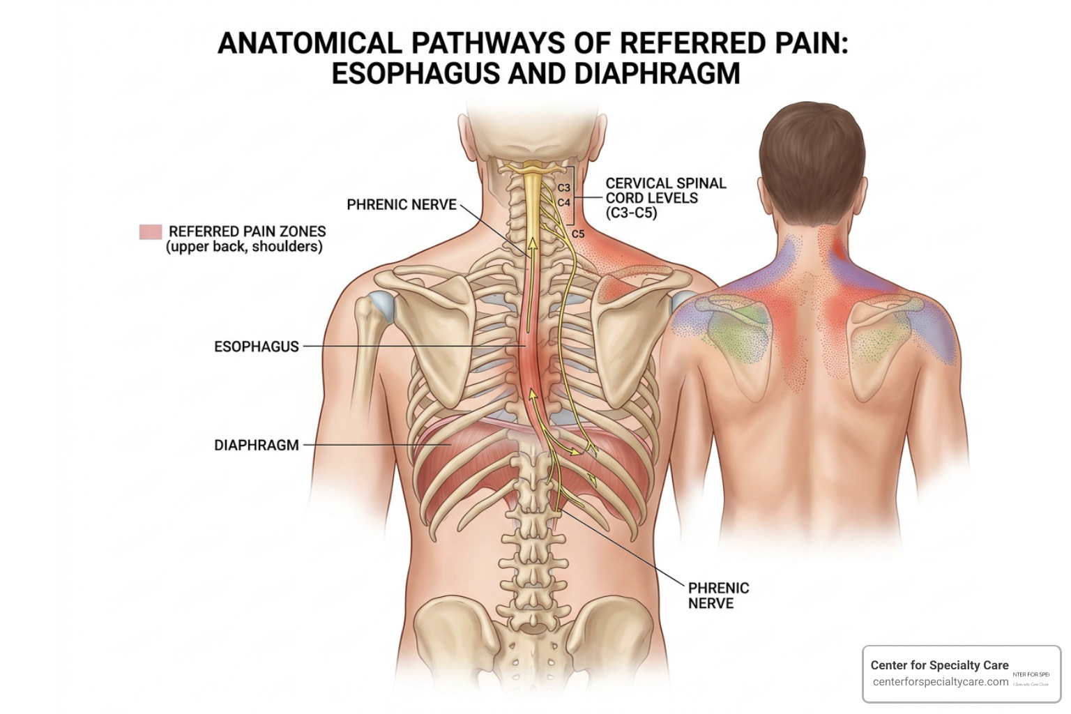 diagram showing referred pain pathways from the esophagus to the upper back and shoulders
