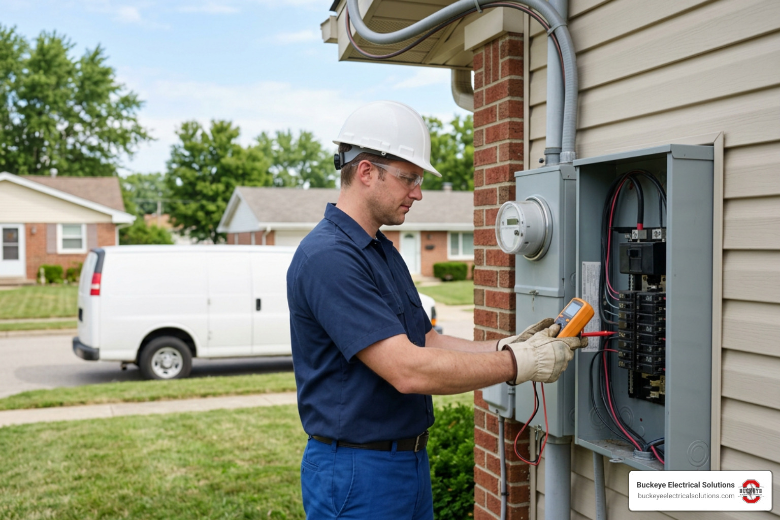 Professional Ohio electrician verifying service entrance connections on a residential panel Professional Ohio electrician verifying service entrance connections on a residential panel