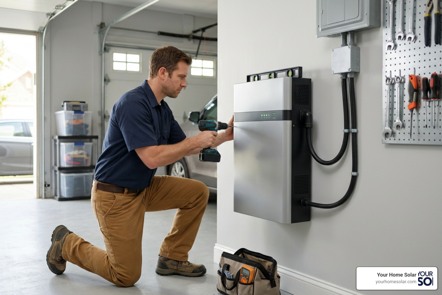 Professional technician mounting a sleek home battery backup system on a garage wall Professional technician mounting a sleek home battery backup system on a garage wall