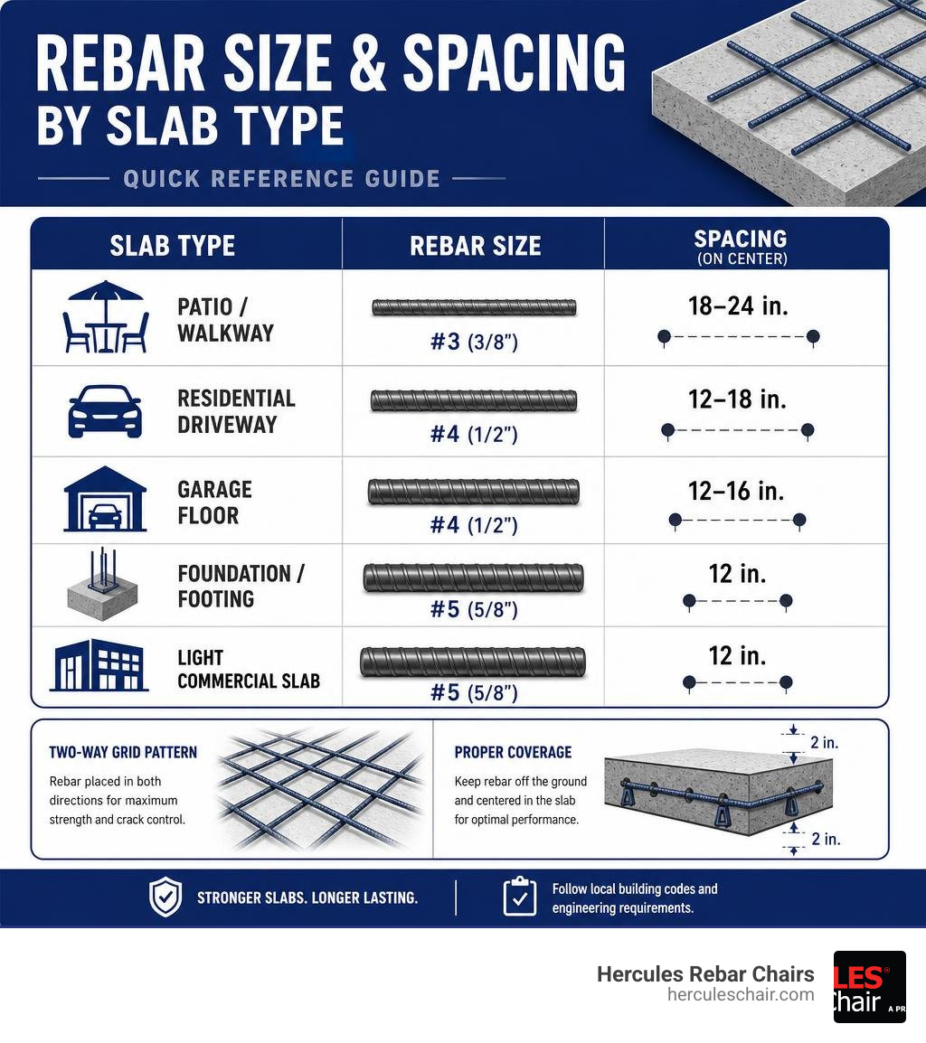 infographic showing rebar size and spacing recommendations by slab type with quick reference table infographic