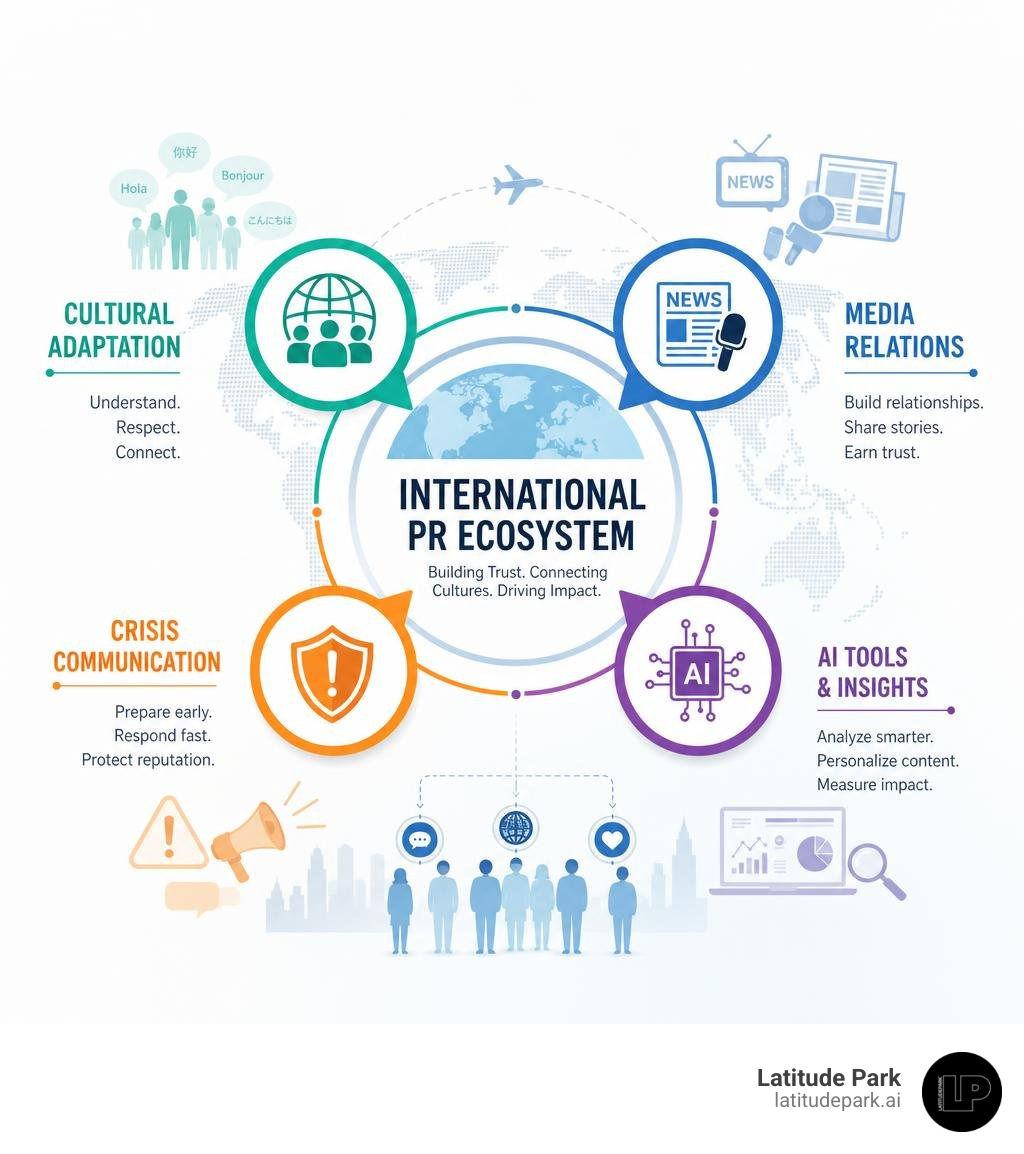 International PR ecosystem infographic showing key pillars: cultural adaptation, media relations, crisis communication, and