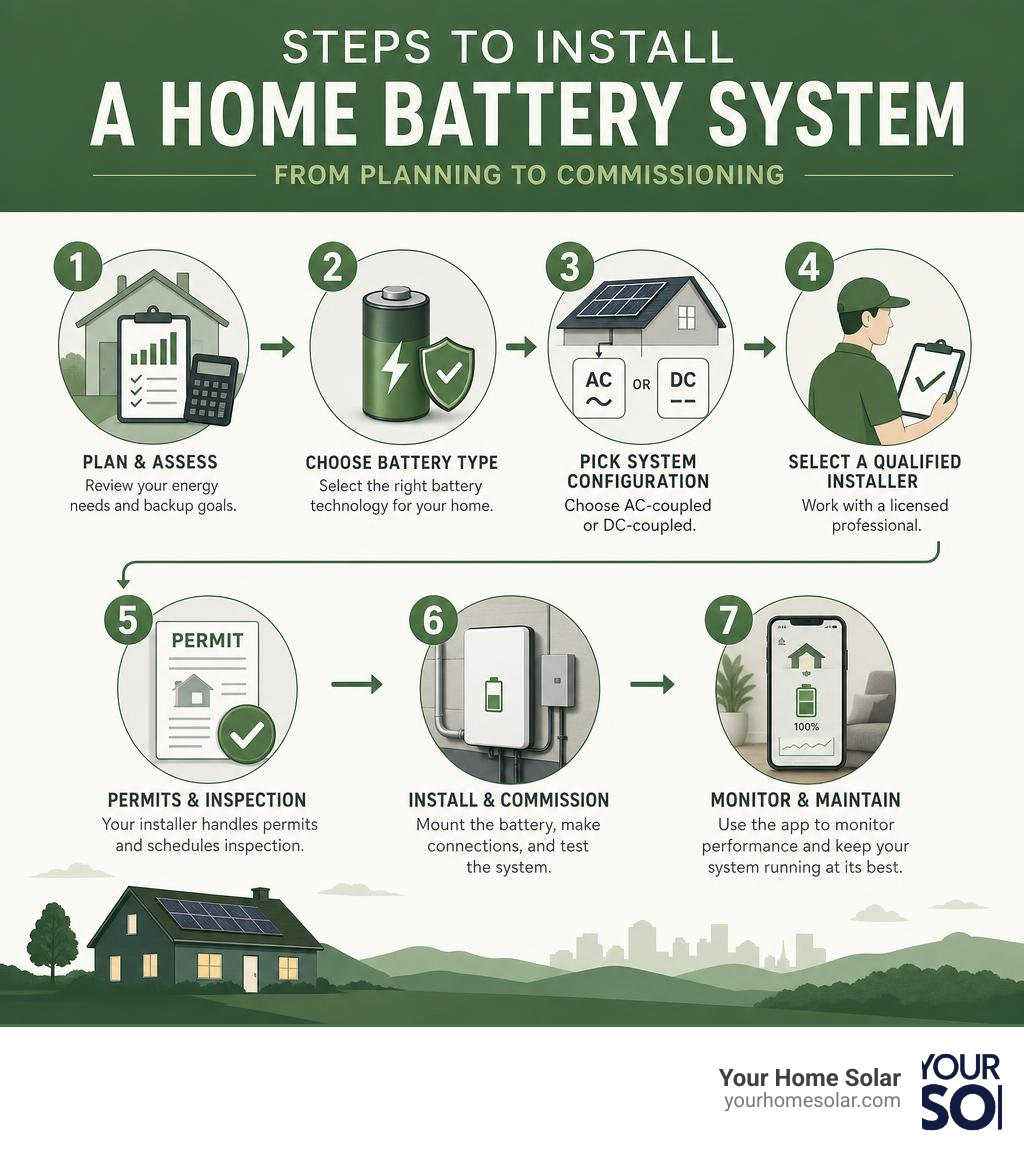 Steps to install a home battery system from planning to commissioning infographic Steps to install a home battery system from planning to commissioning infographic