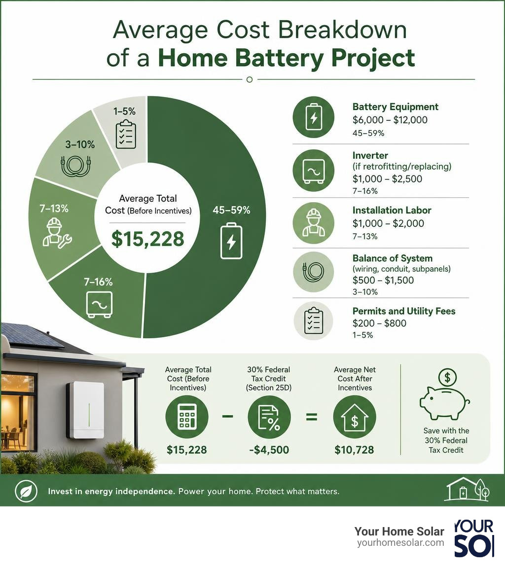 Infographic showing the average cost breakdown of a home battery project infographic Infographic showing the average cost breakdown of a home battery project infographic