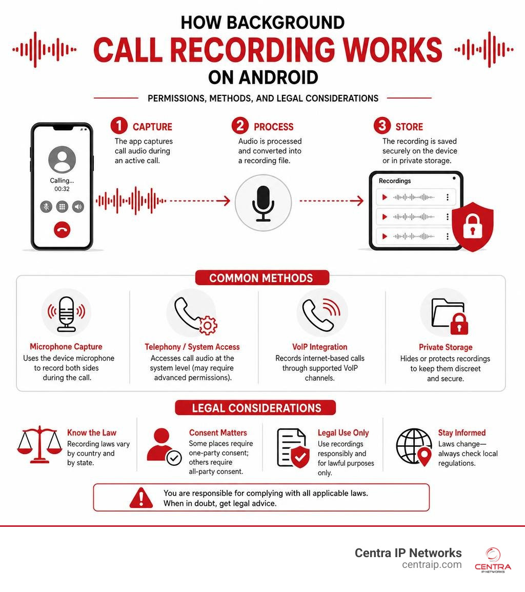 How background call recording works on Android — permissions, methods, and legal considerations infographic How background call recording works on Android — permissions, methods, and legal considerations infographic