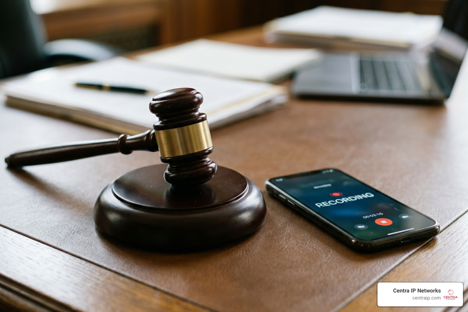 Legal gavel resting on a desk next to a smartphone showing active call recording status Legal gavel resting on a desk next to a smartphone showing active call recording status