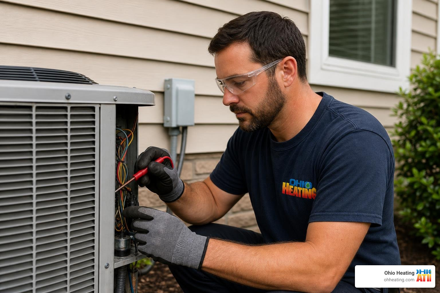 Realistic, high-quality photo of a professional HVAC technician wearing work gloves and a shirt with the 'Ohio Heating' logo
