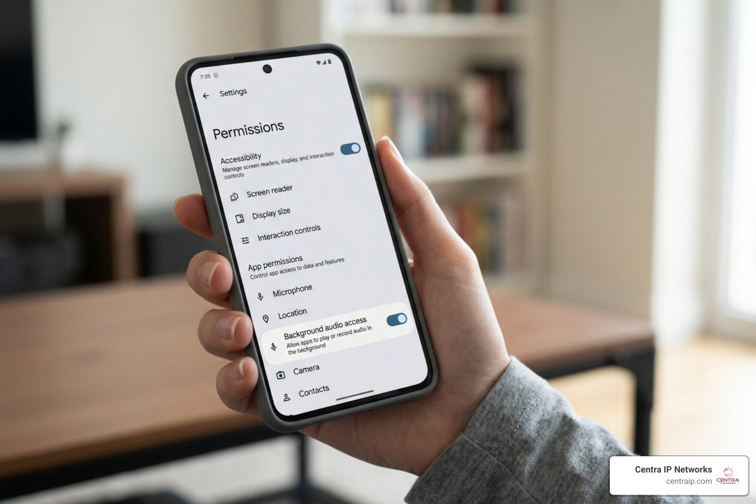 Android system permissions screen highlighting background audio and accessibility options Android system permissions screen highlighting background audio and accessibility options