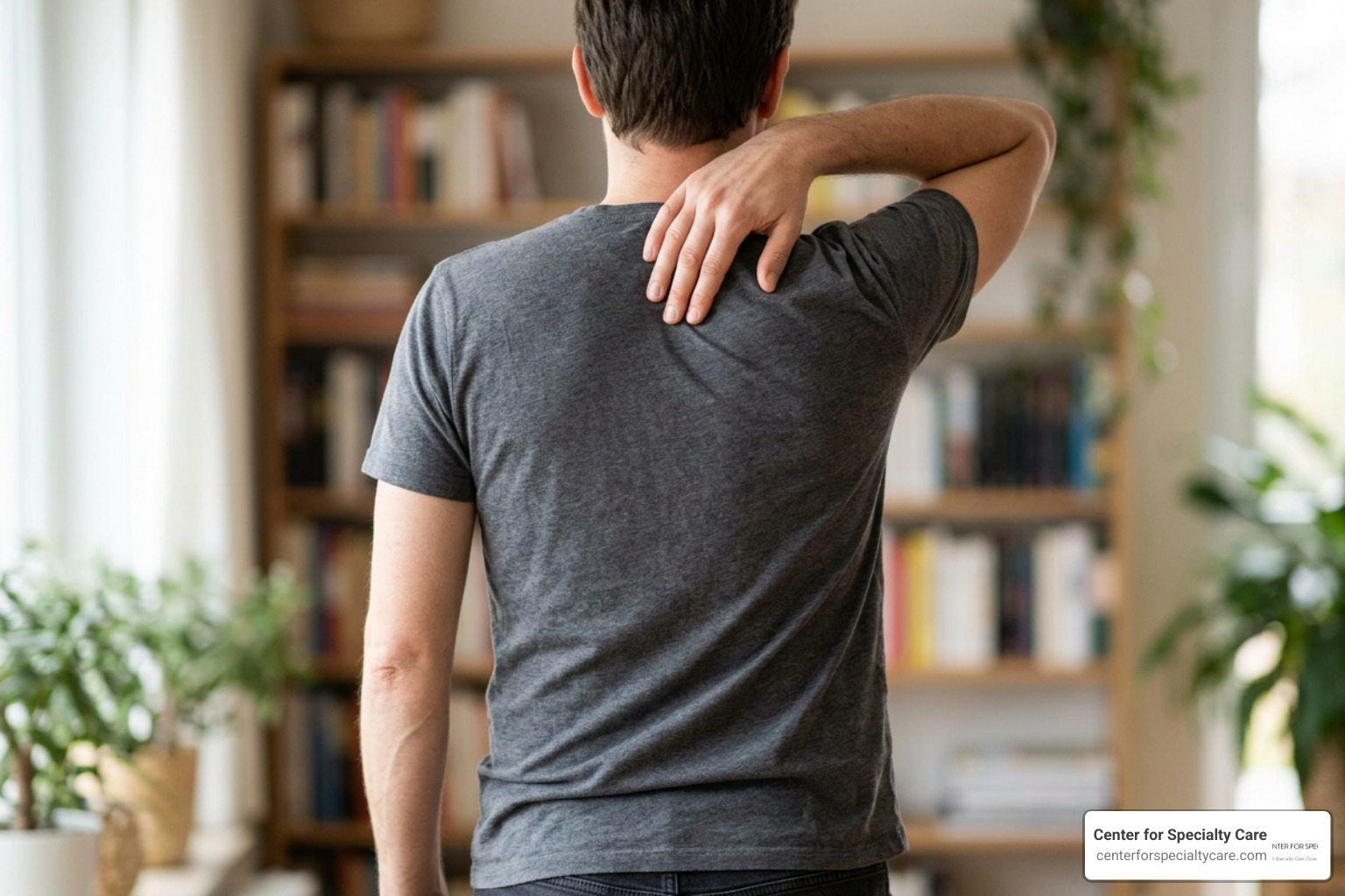 A person pointing to pain between shoulder blades upper back pain
