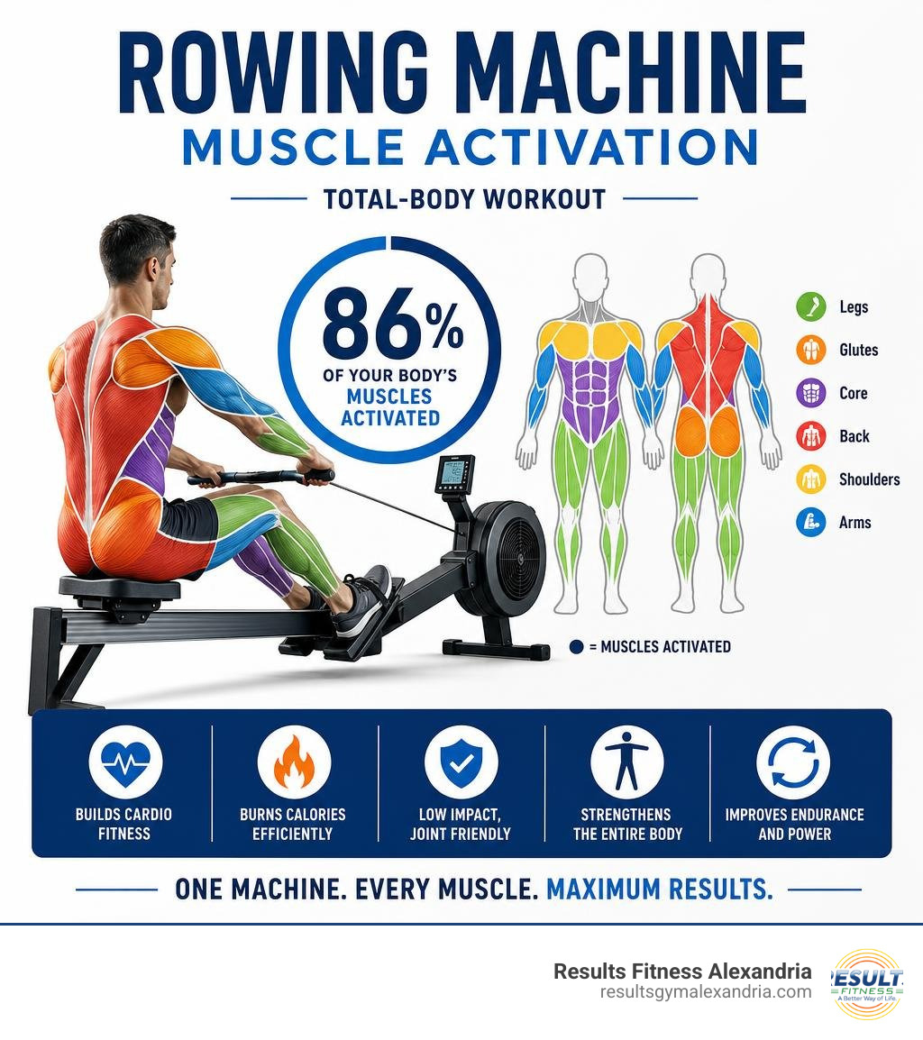 infographic showing rowing machine muscle activation covering 86 percent of the body infographic infographic showing rowing machine muscle activation covering 86 percent of the body infographic