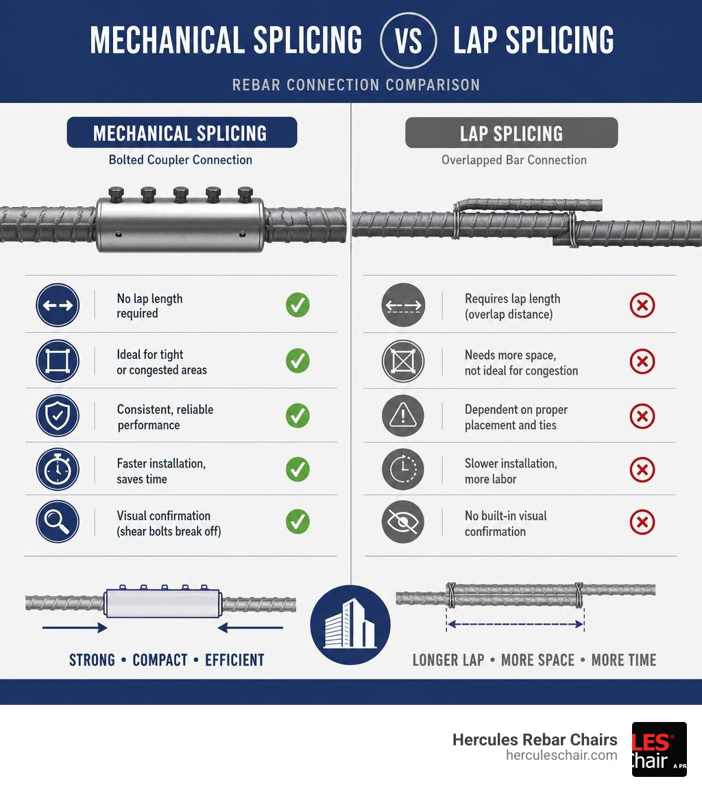 Mechanical splicing vs lap splicing comparison infographic for rebar connections infographic